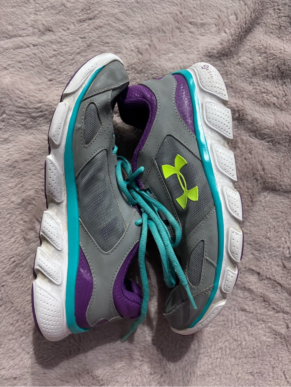 Under Armour Gray Sneakers with Teal Laces & Purple Trim